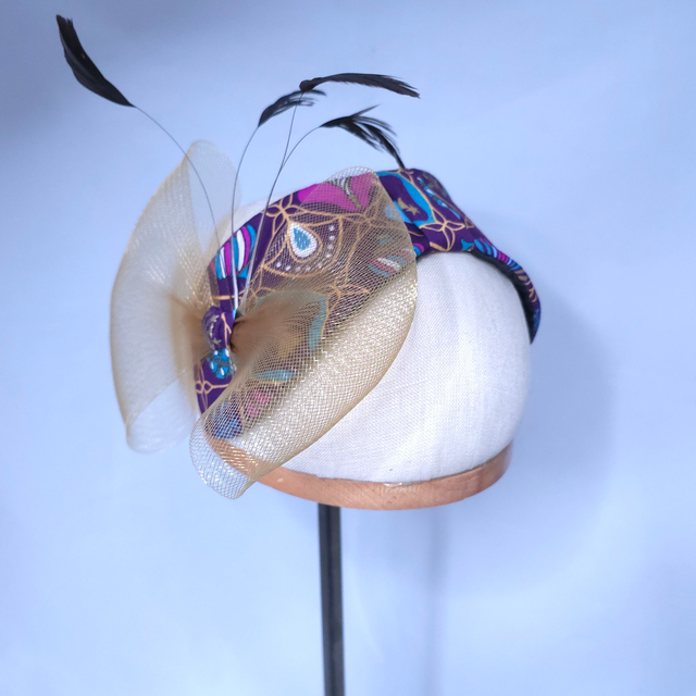 Fascinator serre-tête – Tissu Noël et voile léger